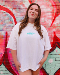 White + Teal "YOUNG PEOPLE LOVE JESUS" Oversized Boxy T-Shirt