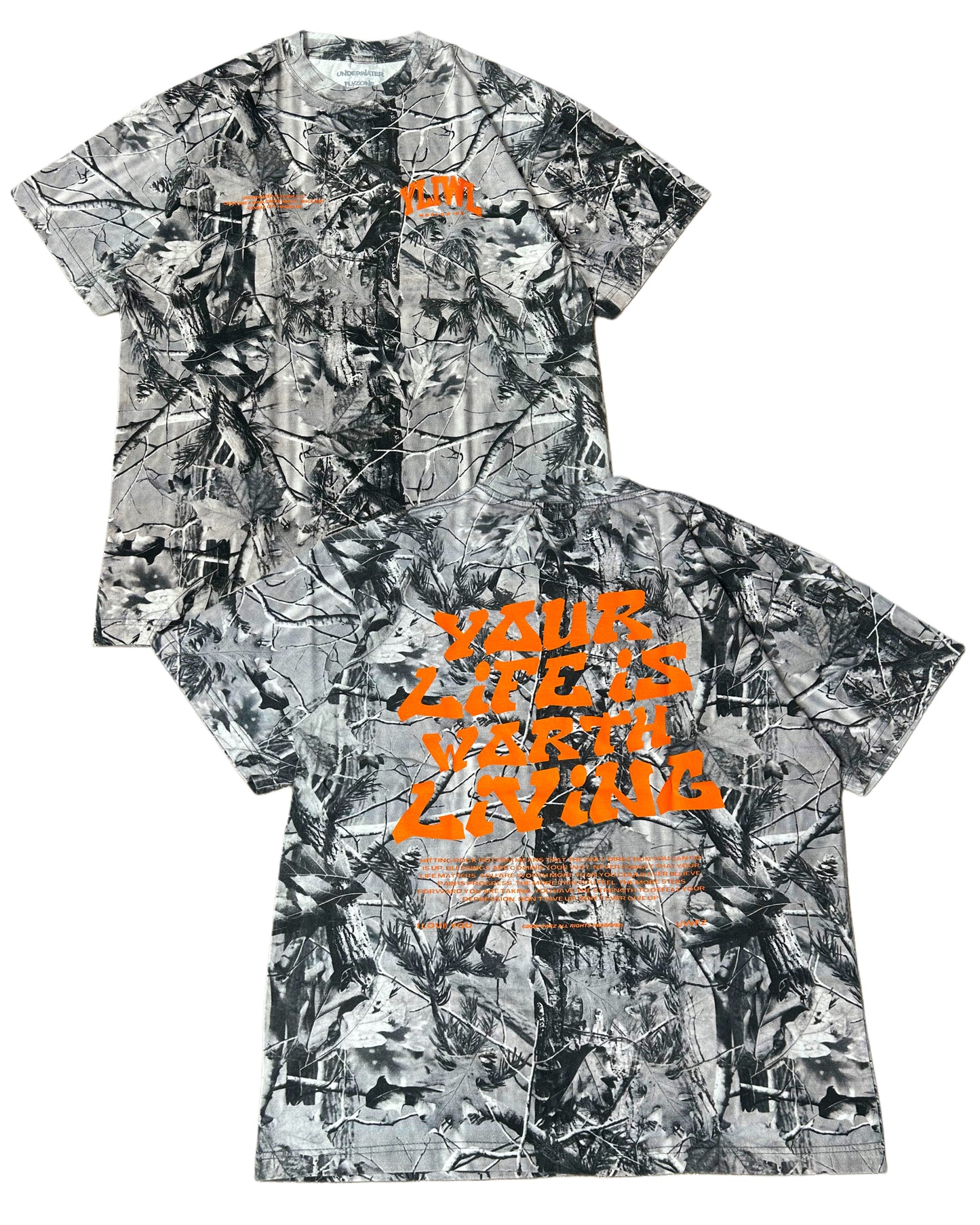 Orange + B&W Camo "Your Life is Worth Living" Heavy Weight T-Shirt