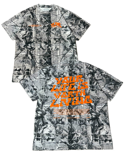 Orange + B&W Camo "Your Life is Worth Living" Heavy Weight T-Shirt