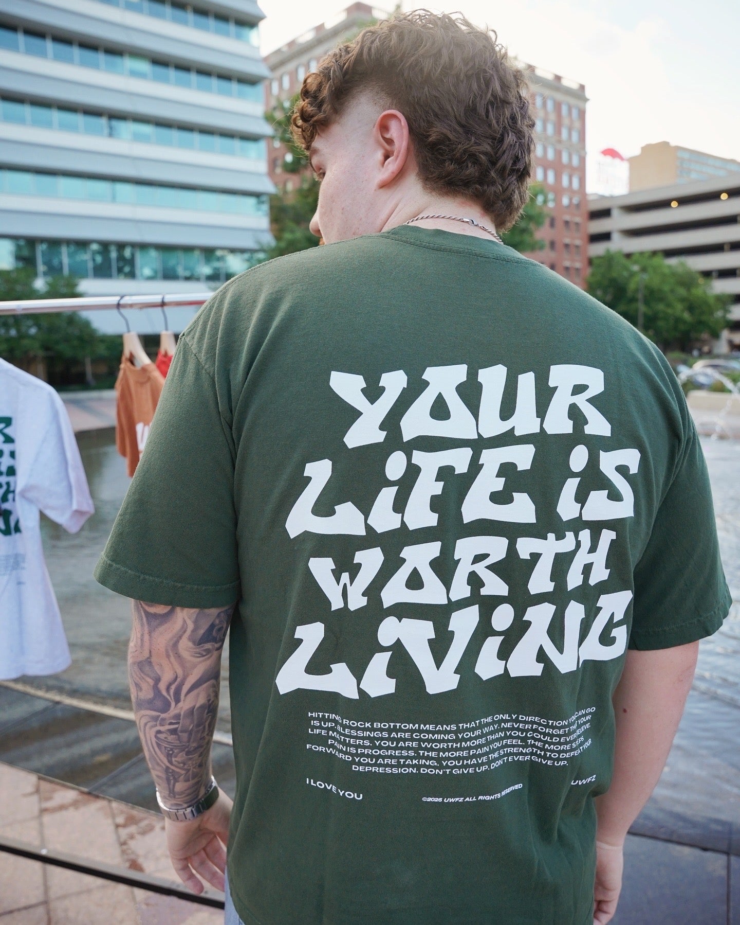 Forrest Green + White "YOUR LIFE IS WORTH LIVING" Heavy Weight T-Shirt