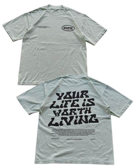 YOUR LIFE IS WORTH LIVING HEAVYWEIGHT TEE - SEAFOAM & BLACK
