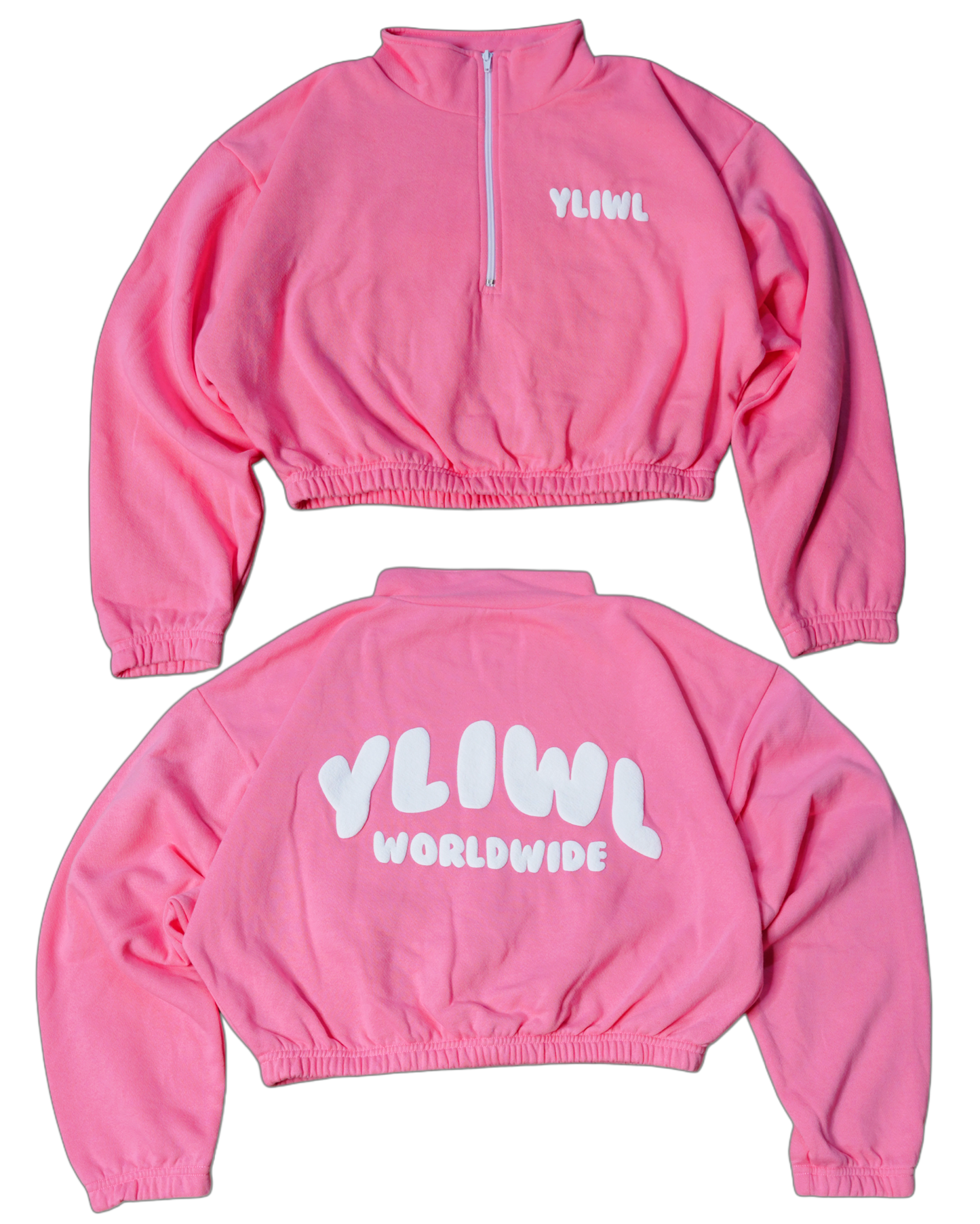 Pink + White PUFF PRINT "YLIWL" Half Zip Cropped Pullover