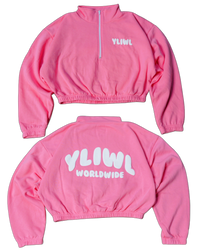 Pink + White PUFF PRINT "YLIWL" Half Zip Cropped Pullover