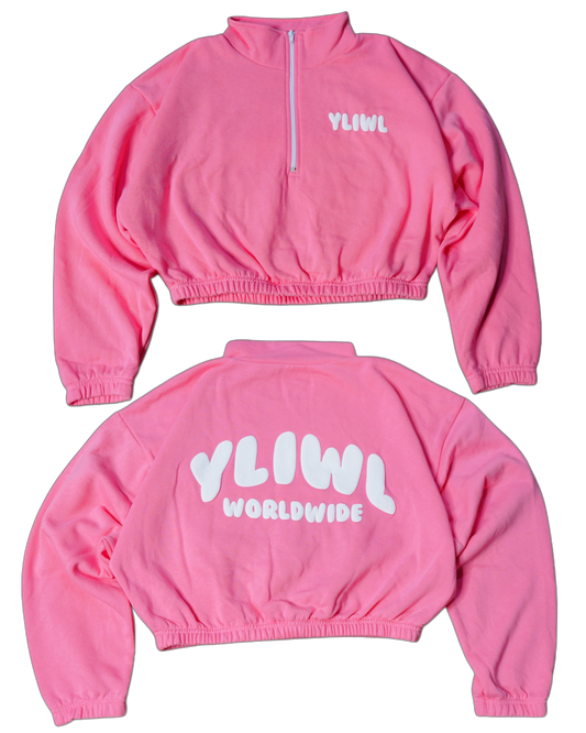 Pink + White PUFF PRINT "YLIWL" Half Zip Cropped Pullover