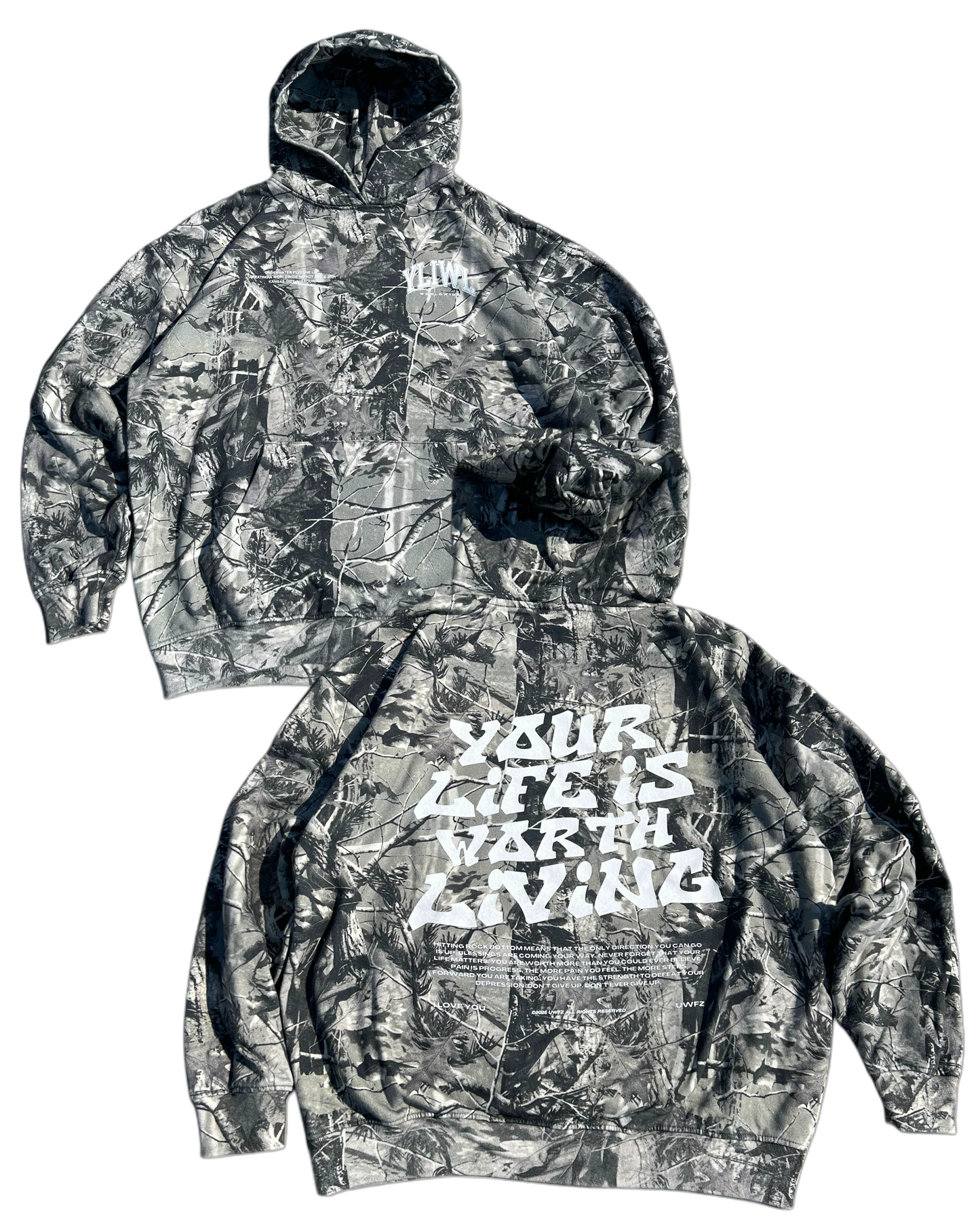 White B&W Camo "YOUR LIFE IS WORTH LIVING" Hoodie (Limited - 100% Cotton)