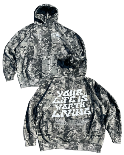 White B&W Camo "YOUR LIFE IS WORTH LIVING" Hoodie (Limited - 100% Cotton)