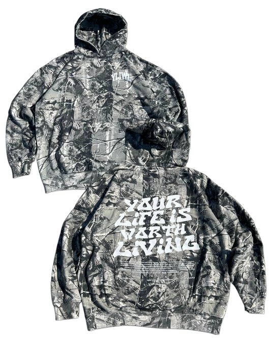 White B&W Camo "YOUR LIFE IS WORTH LIVING" Hoodie (Limited - 100% Cotton)
