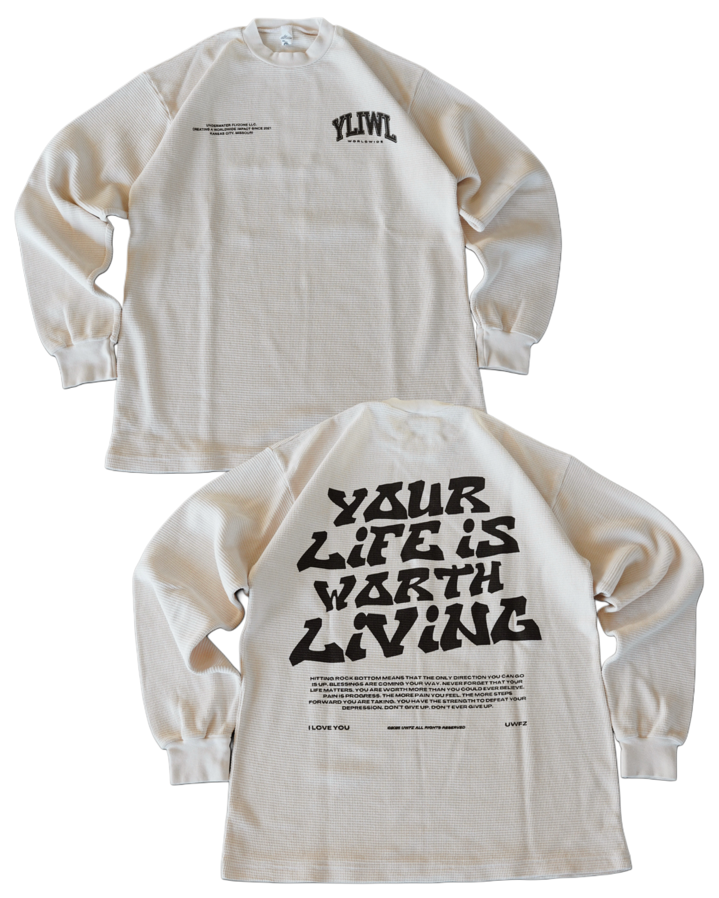 Cream + Black "YOUR LIFE IS WORTH LIVING" Thermal Long Sleeve (LIMITED)