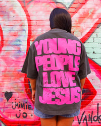 Vintage Black + Pink "YOUNG PEOPLE LOVE JESUS" Oversized Boxy T-Shirt