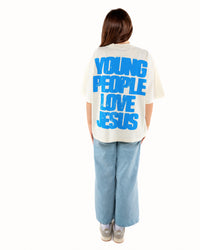 Cream + Blue "YOUNG PEOPLE LOVE JESUS" Oversized T-Shirt