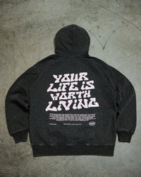 Vintage Black Cheetah + Pastel Pink Print "YOUR LIFE IS WORTH LIVING" Hoodie (100% Cotton)