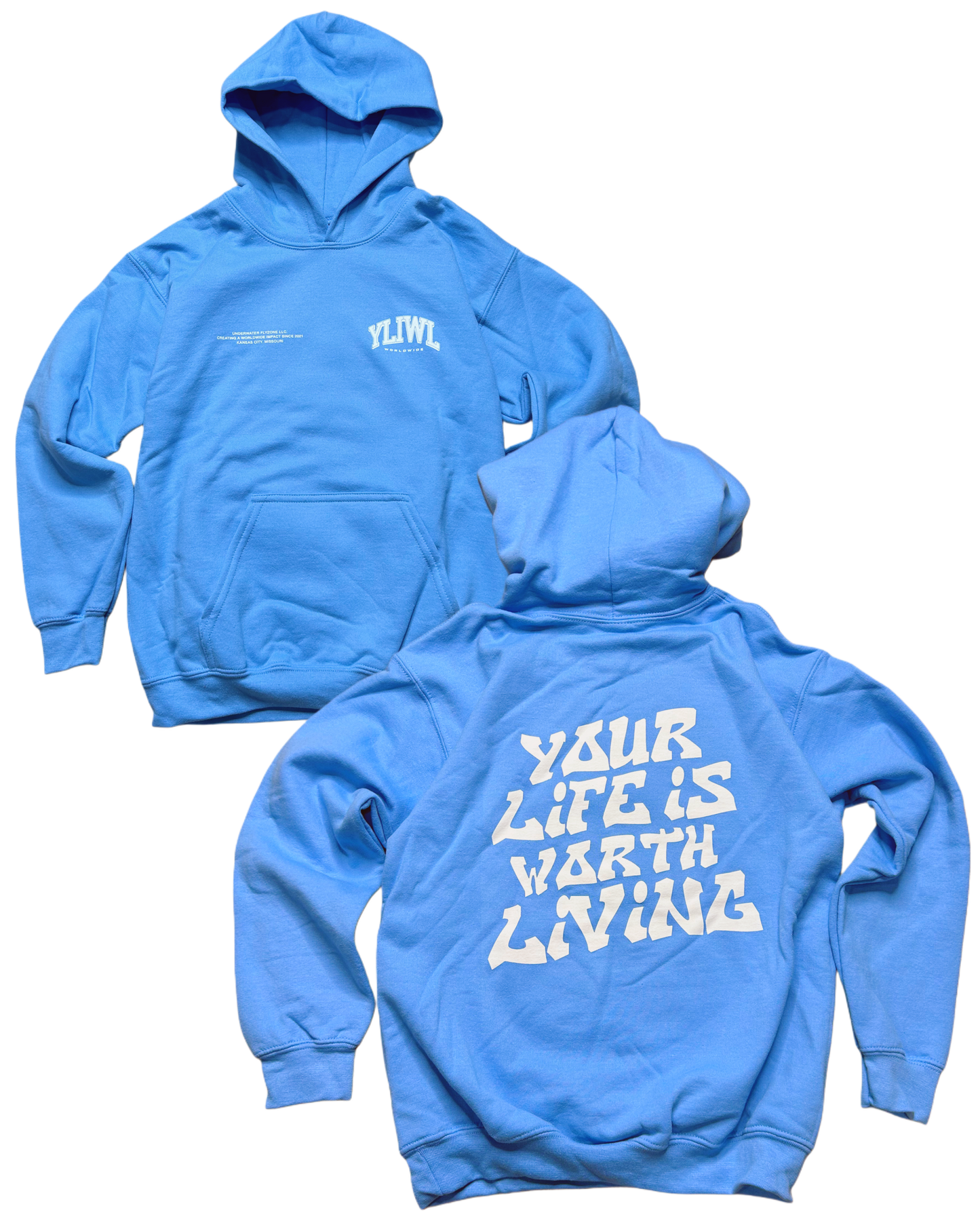 Blue + White "Your Life is Worth Living" YOUTH Hoodie