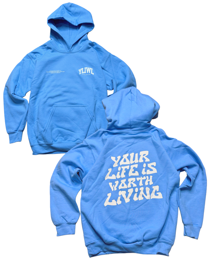 Blue + White "Your Life is Worth Living" YOUTH Hoodie