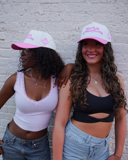 Pink + White "YOUR LIFE IS WORTH LIVING" Snapback Hat (Copy)
