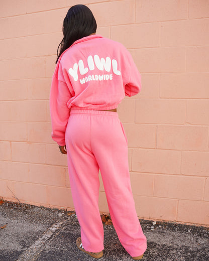 Pink + White PUFF PRINT "YLIWL" High Waist Sweatpant