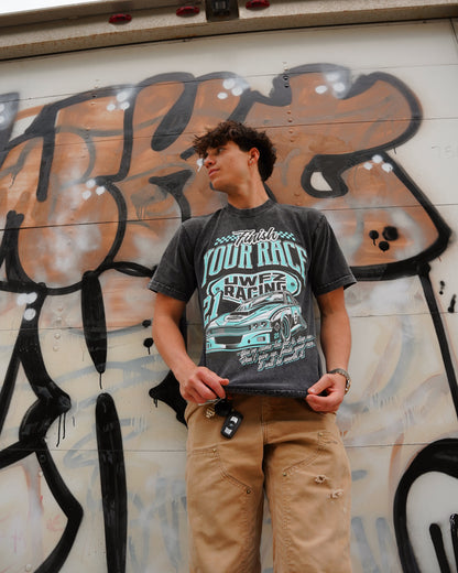 Black Mineral Washed + Teal “FINISH YOUR RACE" T-Shirt