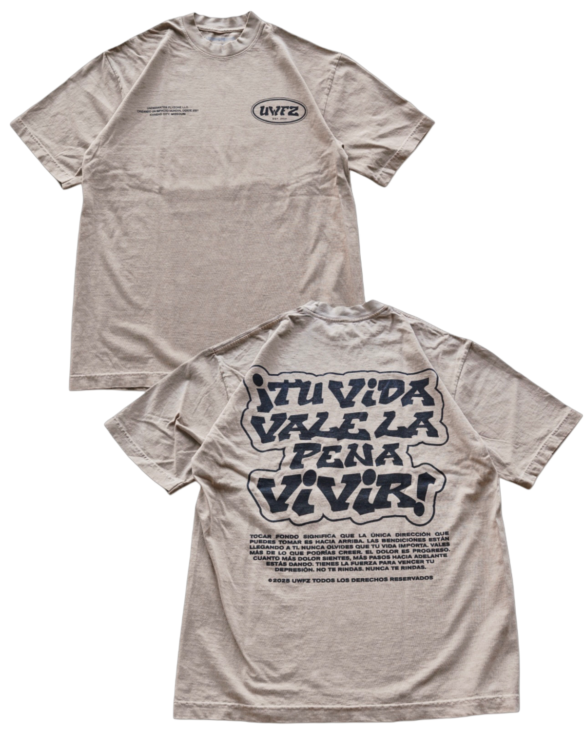 Beige + Black "TU VIDA VALE LA PENA VIVIR" Heavy Weight T-Shirt