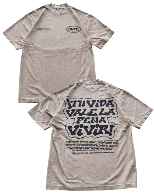 Beige + Black "TU VIDA VALE LA PENA VIVIR" Heavy Weight T-Shirt