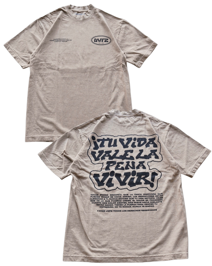 Beige + Black "TU VIDA VALE LA PENA VIVIR" Heavy Weight T-Shirt