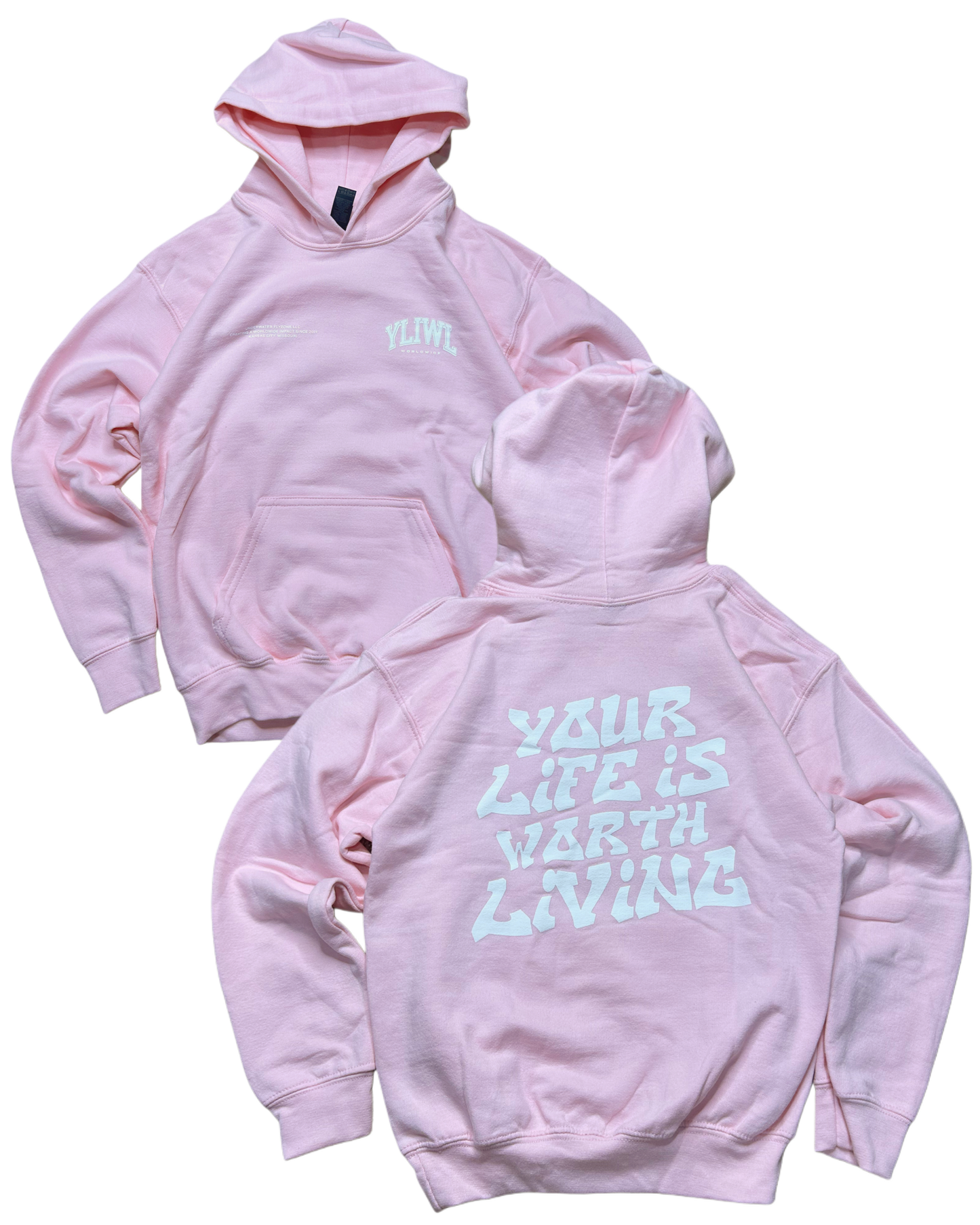 Pink + White "Your Life is Worth Living" YOUTH Hoodie