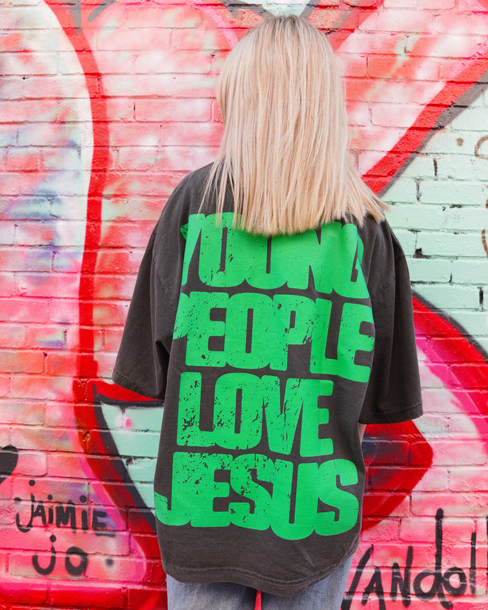 Vintage Black + Green "YOUNG PEOPLE LOVE JESUS" Oversized Boxy T-Shirt