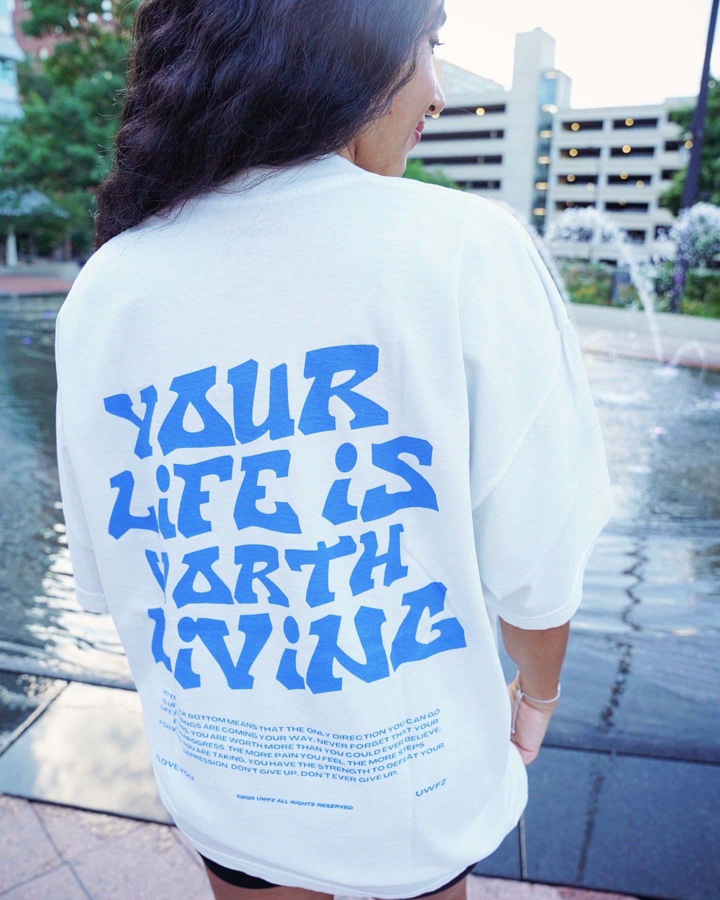 Off-White + Blue "YOUR LIFE IS WORTH LIVING" Heavy Weight T-Shirt