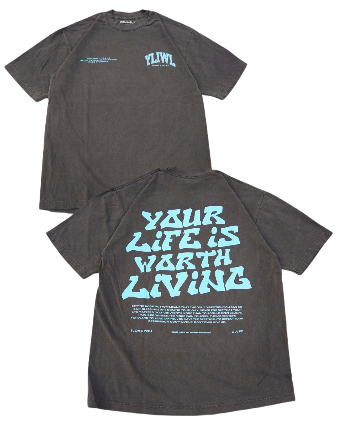 Vintage Black + Powder Blue "YOUR LIFE IS WORTH LIVING" Heavy Weight T-Shirt