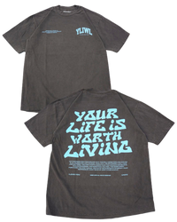 Vintage Black + Powder Blue "YOUR LIFE IS WORTH LIVING" Heavy Weight T-Shirt