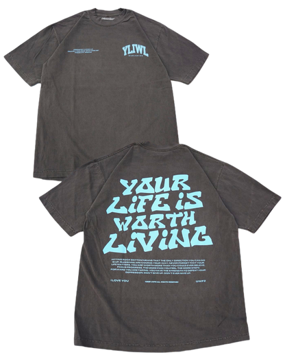 Vintage Black + Powder Blue "YOUR LIFE IS WORTH LIVING" Heavy Weight T-Shirt