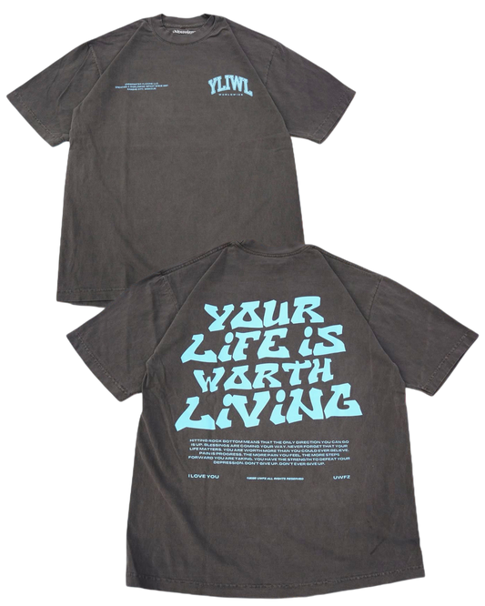 Vintage Black + Powder Blue "YOUR LIFE IS WORTH LIVING" Heavy Weight T-Shirt