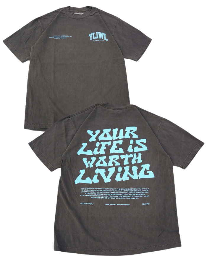 Vintage Black + Powder Blue "YOUR LIFE IS WORTH LIVING" Heavy Weight T-Shirt