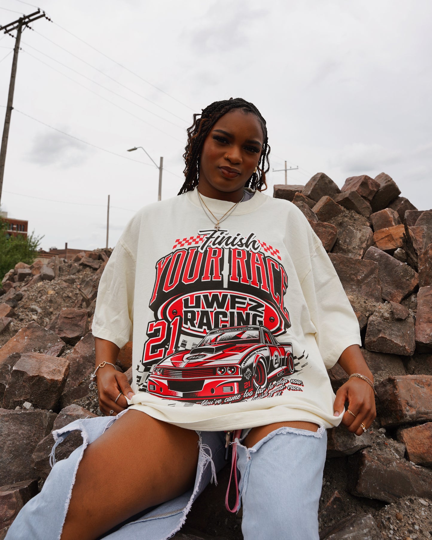 Cream + Red "FINISH YOUR RACE" Oversized T-Shirt
