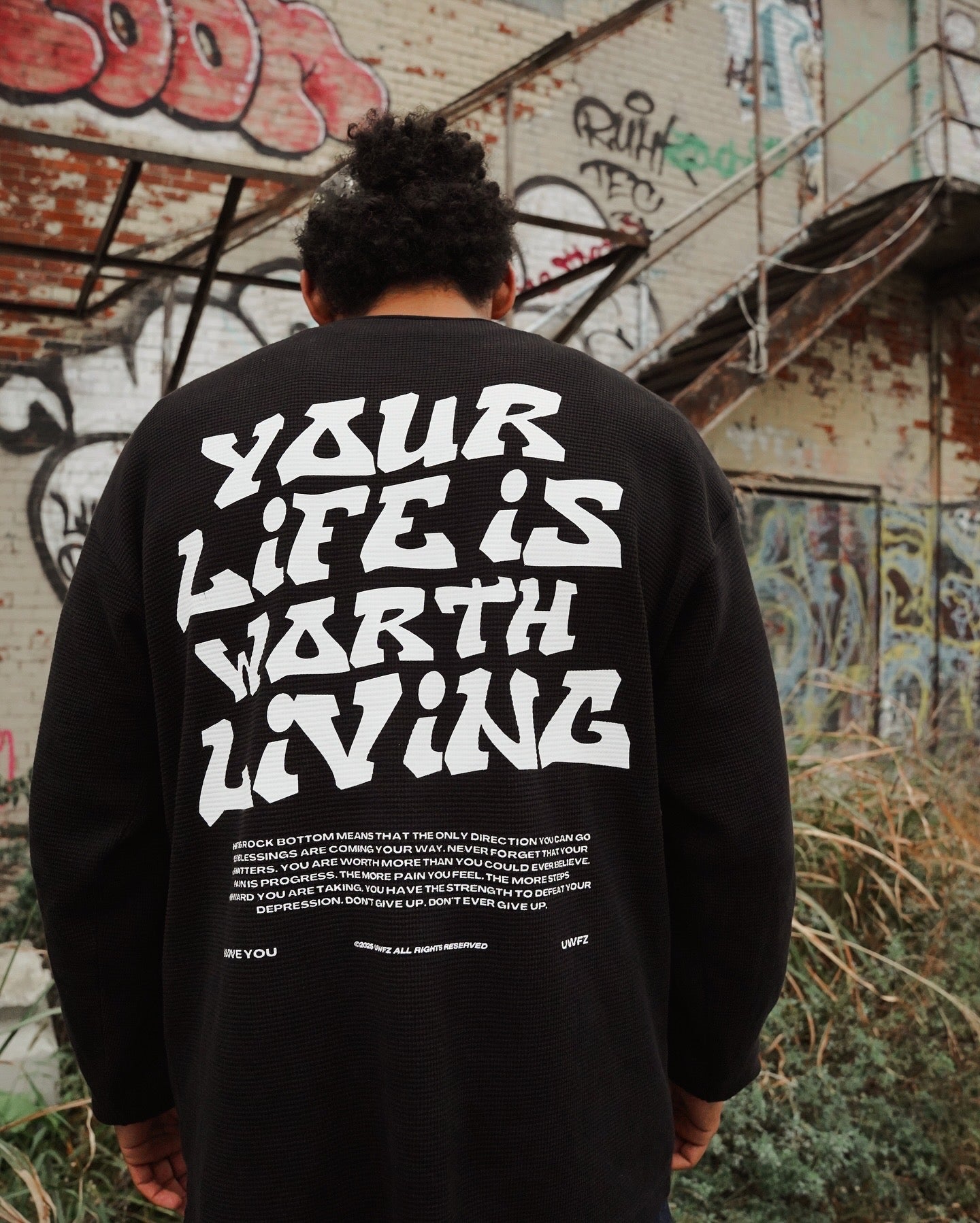 Black + White "YOUR LIFE IS WORTH LIVING" Thermal Long Sleeve (LIMITED)