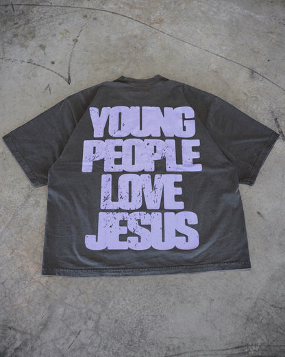 Vintage Black + Lavender "YOUNG PEOPLE LOVE JESUS" Oversized T-Shirt