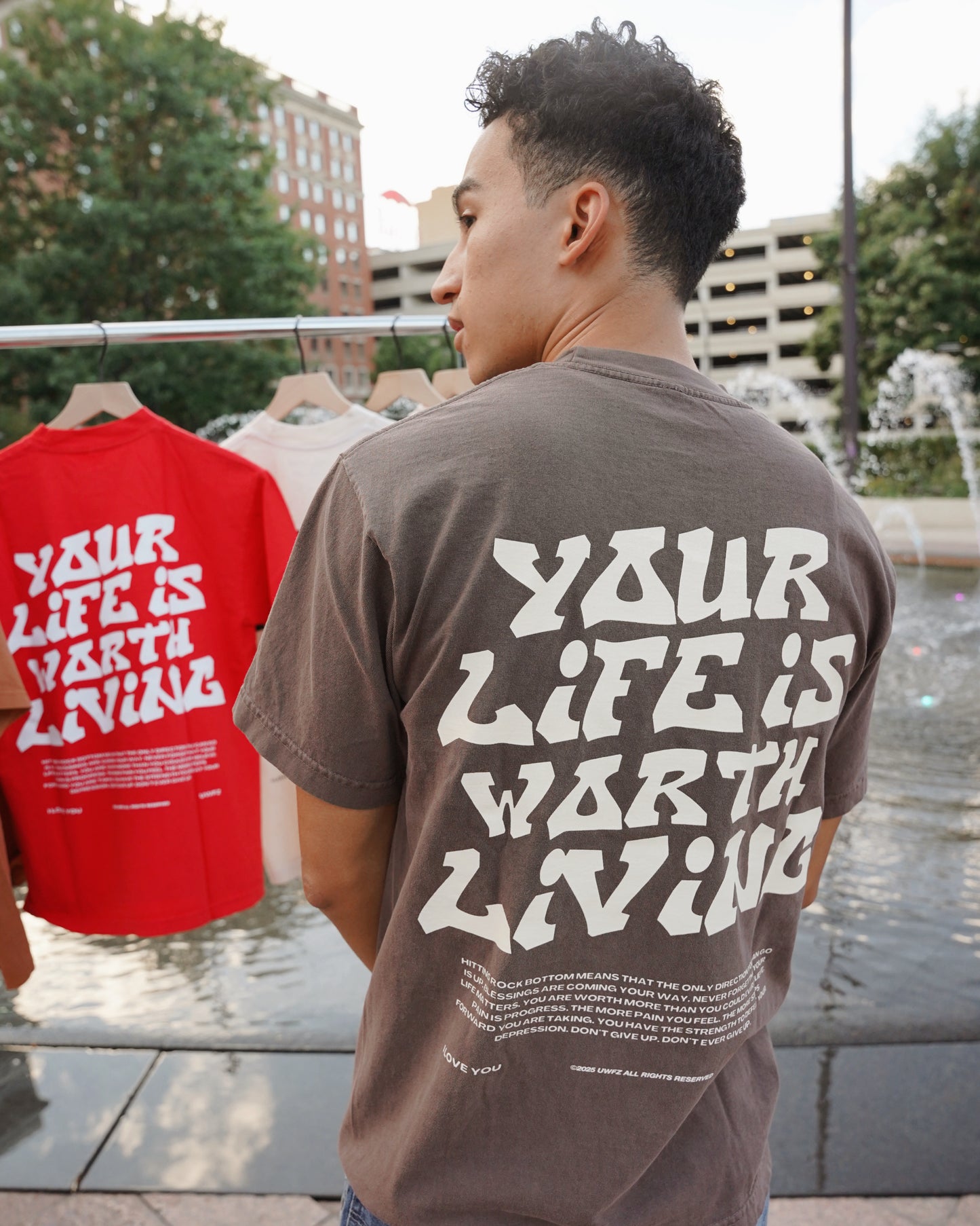 Vintage Brown + Cream "YOUR LIFE IS WORTH LIVING" Heavy Weight T-Shirt