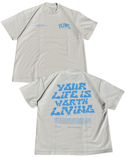 Grey + Powder Blue "YOUR LIFE IS WORTH LIVING" Boxy / Crop Cut Heavy Weight T-shirt