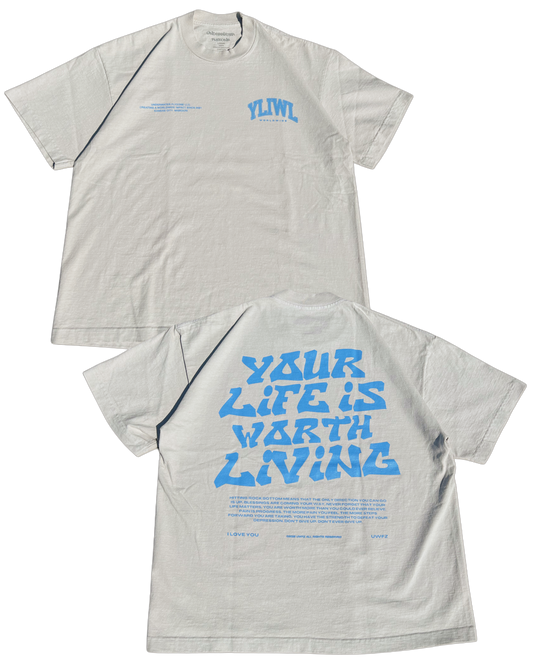 Grey + Powder Blue "YOUR LIFE IS WORTH LIVING" Boxy / Crop Cut Heavy Weight T-shirt