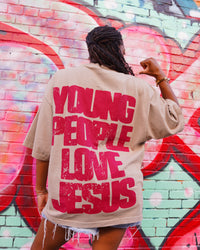 Khaki + Maroon "YOUNG PEOPLE LOVE JESUS" Oversized Boxy T-Shirt