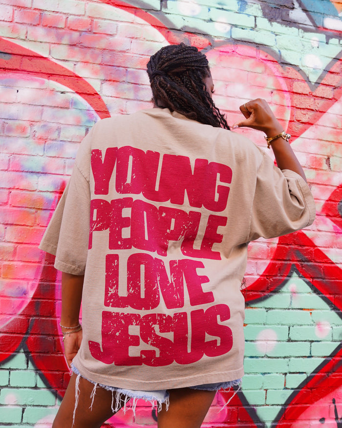 Khaki + Maroon "YOUNG PEOPLE LOVE JESUS" Oversized Boxy T-Shirt