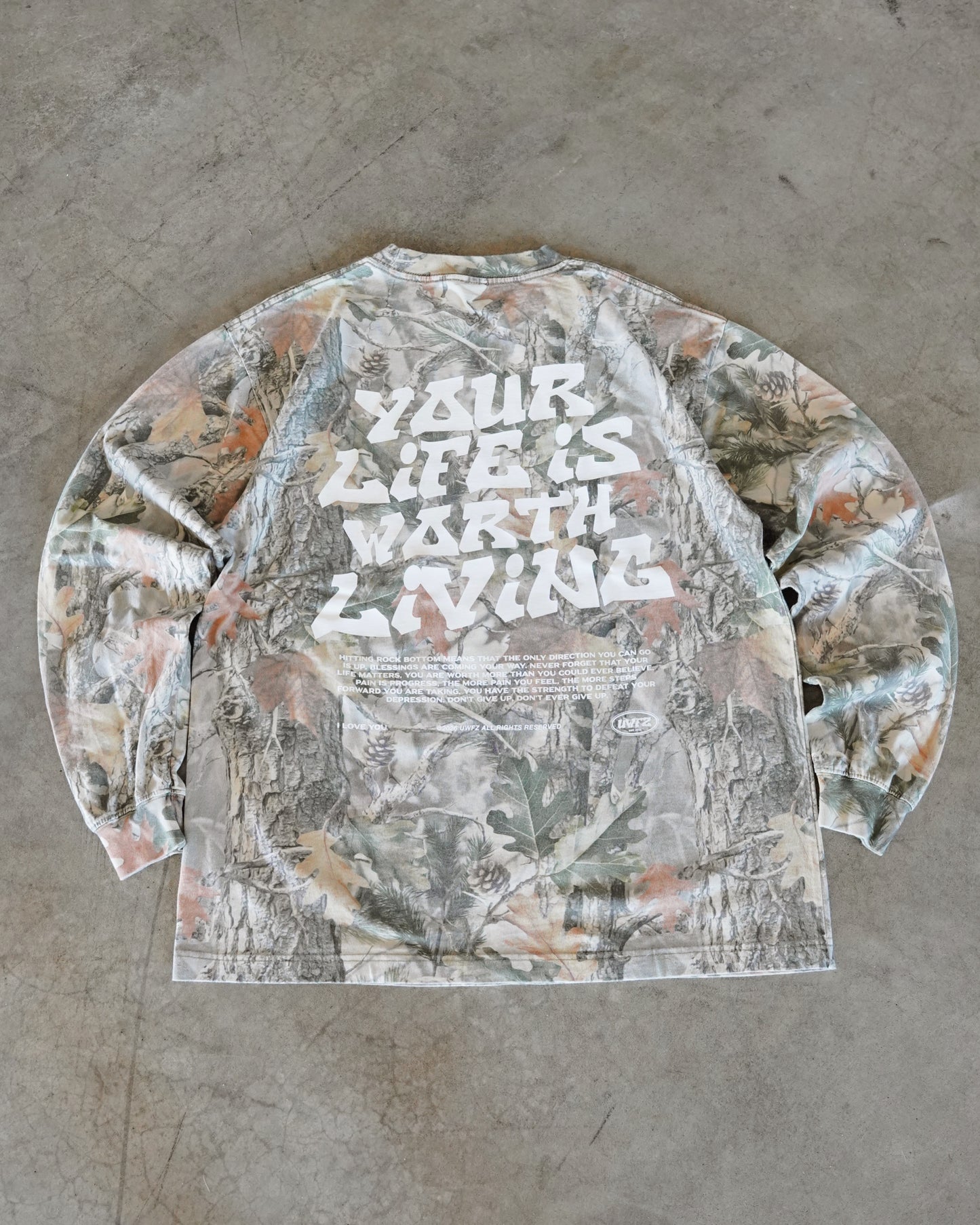 Camo "YOUR LIFE IS WORTH LIVING" Long Sleeve Tee