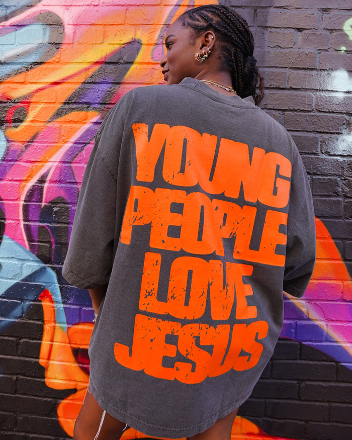 Vintage Black + Orange "YOUNG PEOPLE LOVE JESUS" Oversized Boxy T-Shirt