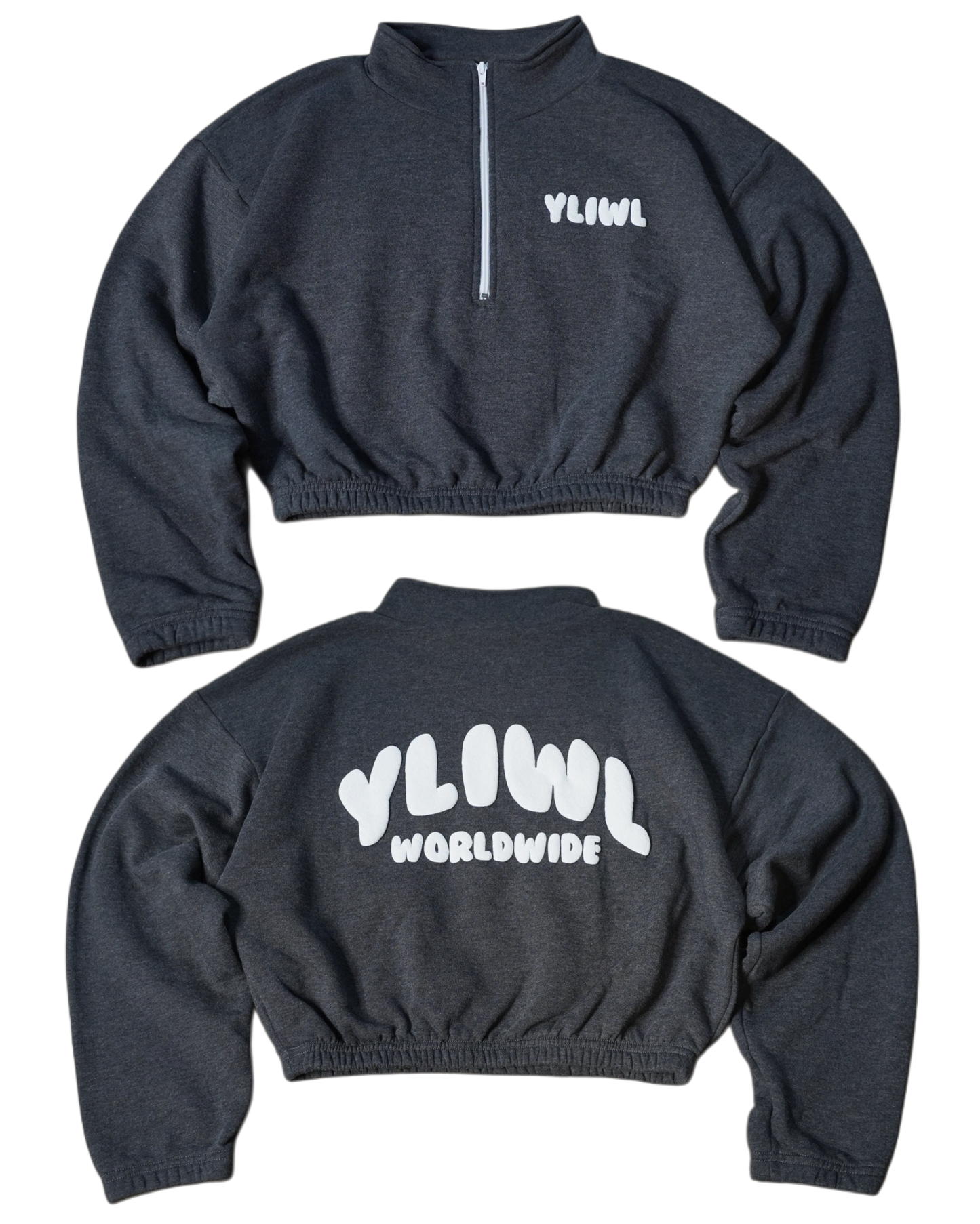 Dark Heather Grey + White PUFF PRINT "YLIWL" Half Zip Cropped Pullover