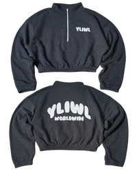 Dark Heather Grey + White PUFF PRINT "YLIWL" Half Zip Cropped Pullover