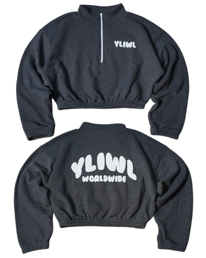 Dark Heather Grey + White PUFF PRINT "YLIWL" Half Zip Cropped Pullover