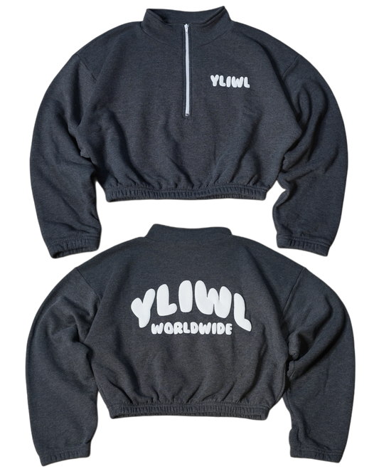 Dark Heather Grey + White PUFF PRINT "YLIWL" Half Zip Cropped Pullover