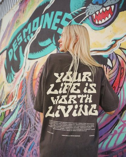 Vintage Black + Cream "YOUR LIFE IS WORTH LIVING" Heavy Weight T-Shirt