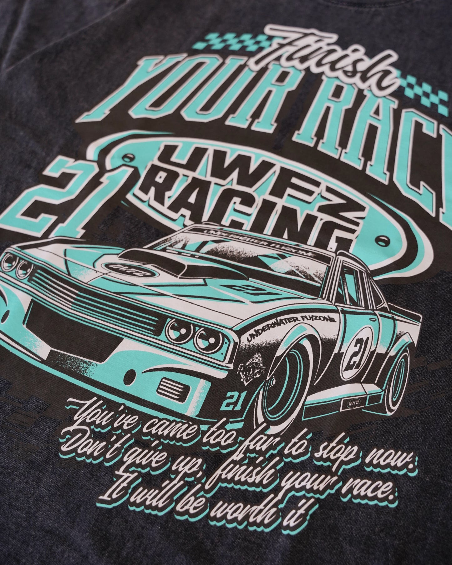 Black Mineral Washed + Teal “FINISH YOUR RACE" T-Shirt
