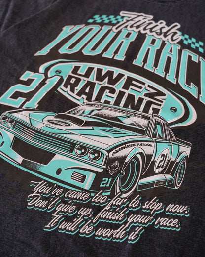 Black Mineral Washed + Teal “FINISH YOUR RACE" T-Shirt