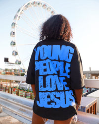 Black + Blue "YOUNG PEOPLE LOVE JESUS" Oversized Boxy T-Shirt