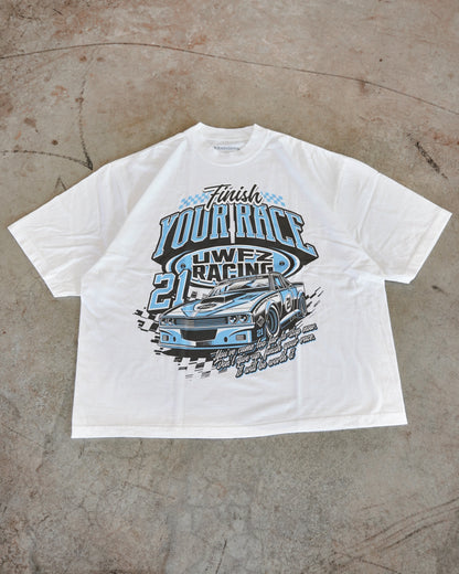 White + Powder Blue "FINISH YOUR RACE" Oversized T-Shirt